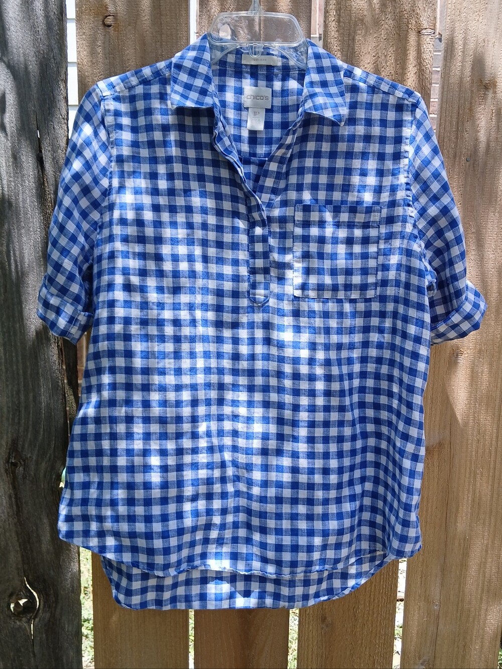 Chicos 100% Linen Gingham Shirt Blouse Blue White Checked Sz 1P Petite Small
